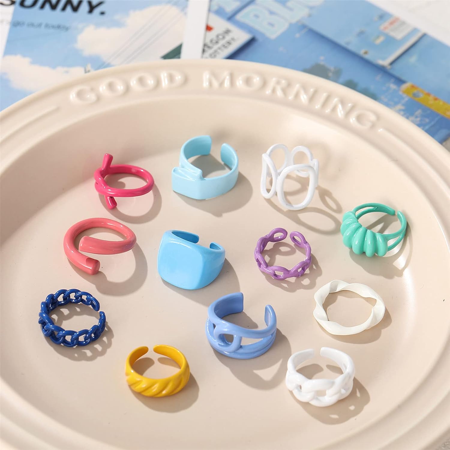 Chunky Colorful Rings, 12 Pcs Trendy Resin Open Stackable Finger Knuckle Rings for Women/Men (Color 1): Clothing