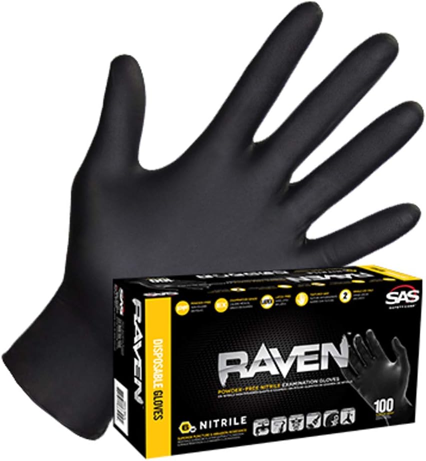 SAS Safety 66517 Raven PowderFree Disposable Black Nitrile 6 Mil