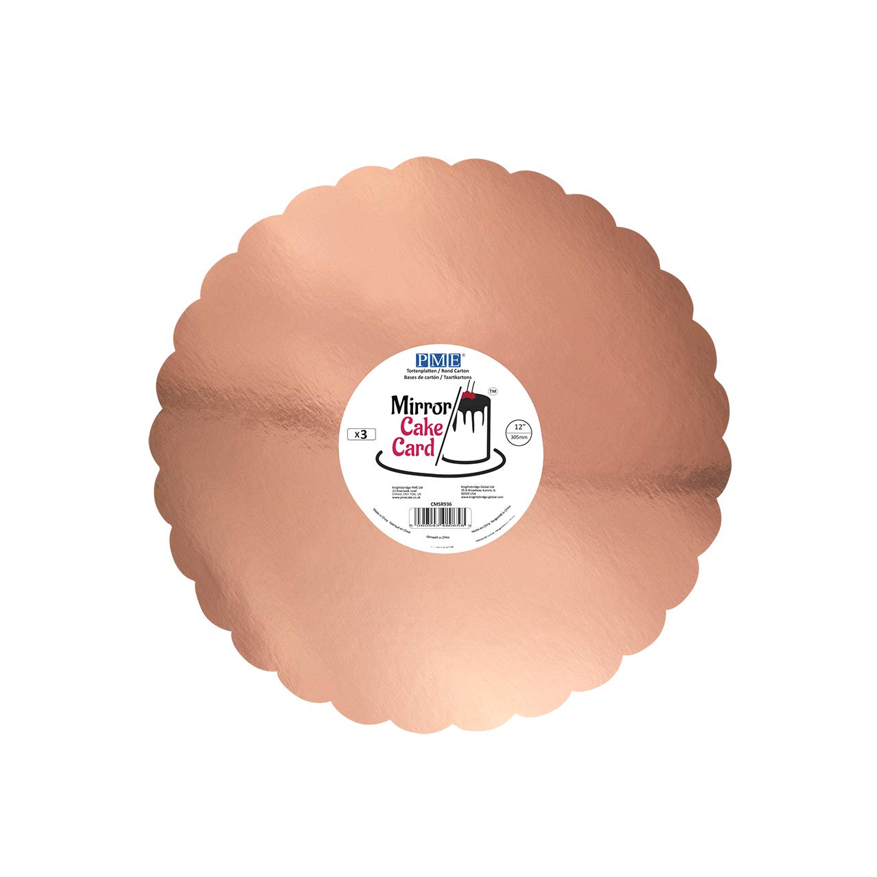 PME Mirror Cake Card-Scallop-Metallic Rose Gold-Pack of 3, 30cm/12 Inch