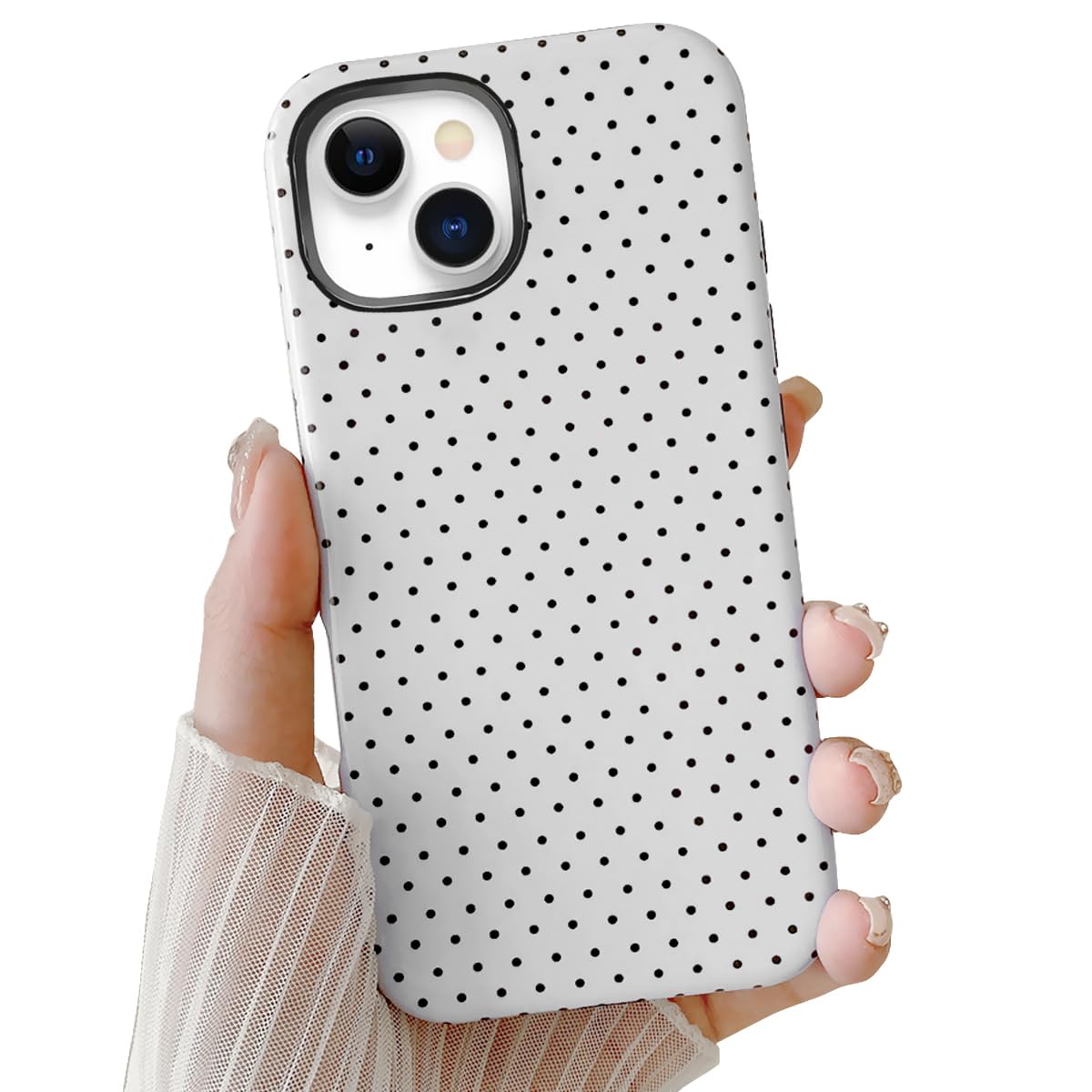 Cute Case for iPhone 15, Polka Dot Phone Case, Aesthetic Pattern Design, Hybrid 2-Layer Shockproof Protective Cover for Girls Women (White,15)
