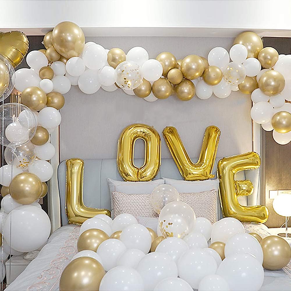 Balloon Arch Garland Kit, 102 Pcs, Matte White Latex Balloon, Gold Metal Balloon, Gold Confetti Balloon, Great for Wedding Birthday Party Decorations