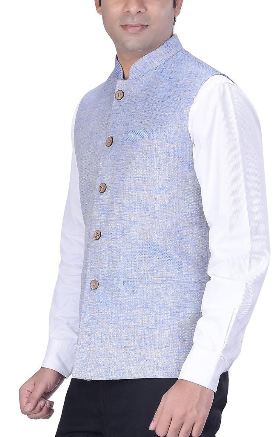 kisah men's woven cotton silk blue nehru jacket
