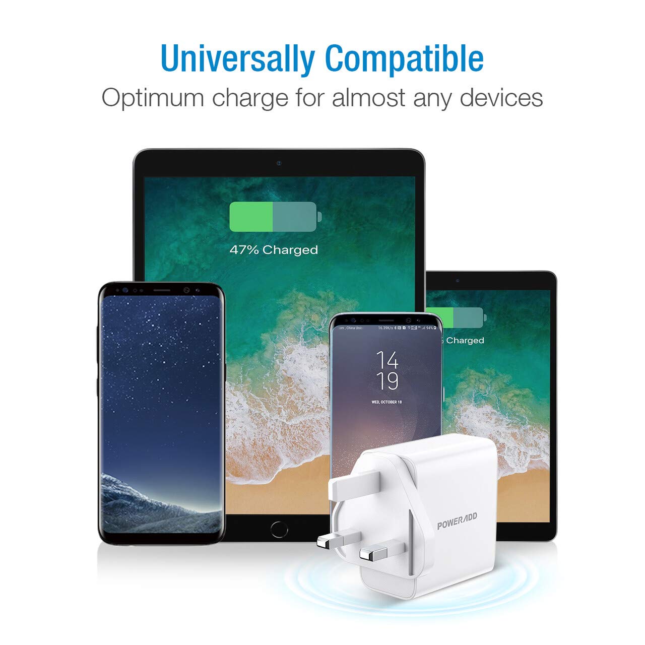 Poweradd 30W Main Charger, 3-Port USB Wall Charger, USB Plug Chargers Compatible with Apple iPhone 11 Pro/XS Max/XR/X/8/8 Plus, Galaxy, iPad and More - White