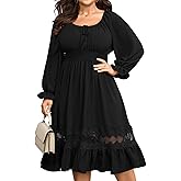 SHESTARR Women's Plus Size Long Sleeve Midi Dress Scoop Neck Smocked Empire Waist A Line Ruffle Hem Lace Trim Flowy Dresses