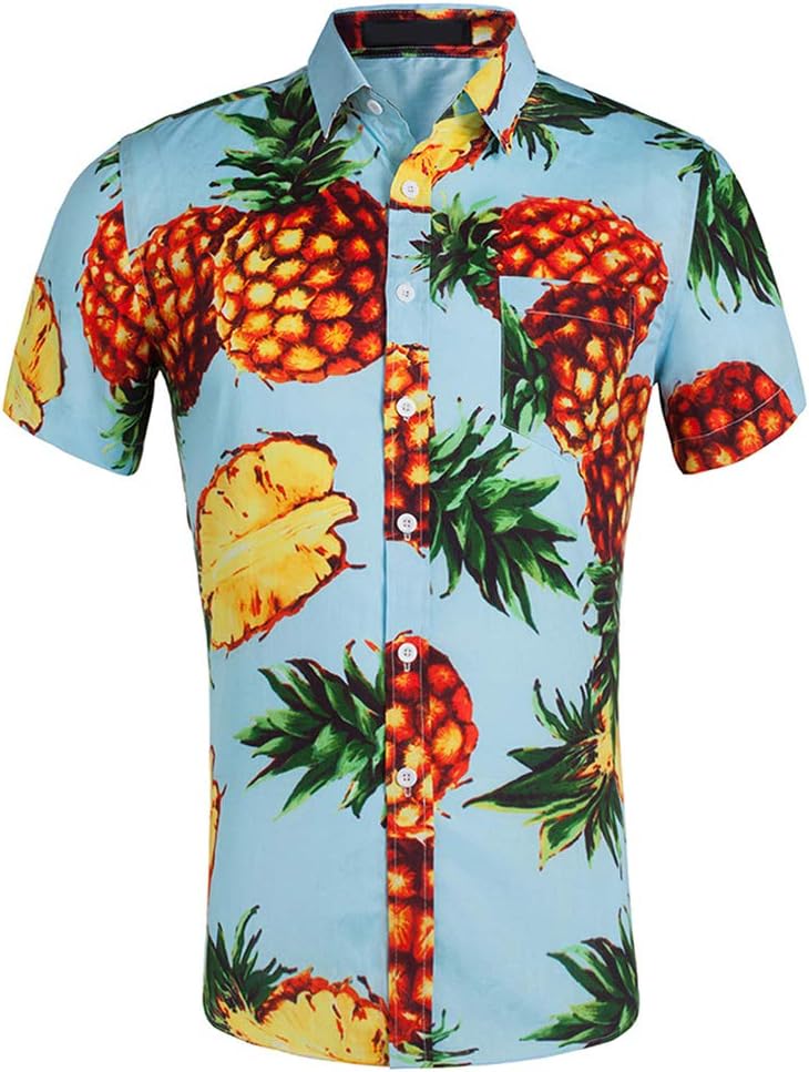 CATERTO Men's Short Sleeve Standard-Fit 100% Cotton Button Down Casual Pineapple Hawaiian Shirt
