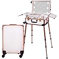 Jula Vance Medium Makeup Train Case with Code Lock, Lighted Mirror, Music Speaker Travel Cosmetic Organizer Box, Professional Artist Trolley Studio Free Standing Case, White