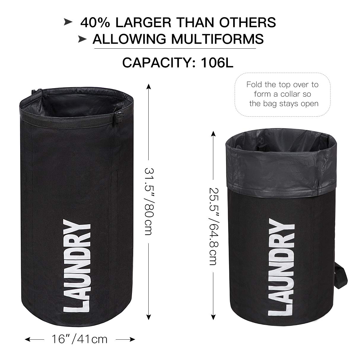 WOWLIVE Extra Large Foldable Laundry Hamper Durable Laundry Basket Collapsible Laundry Bag Backpack Dirty Clothes Hamper Standing Waterproof Hamper for Laundry (Black)