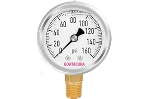 GOATACURA 0-160psi Glycerin Filled Pressure Gauge, 2" Dial Size, 304 Stainless Steel Case, 1/4" NPT Lower Mount, with High Accuracy, for Measuring Water Air Hydraulic Pressure