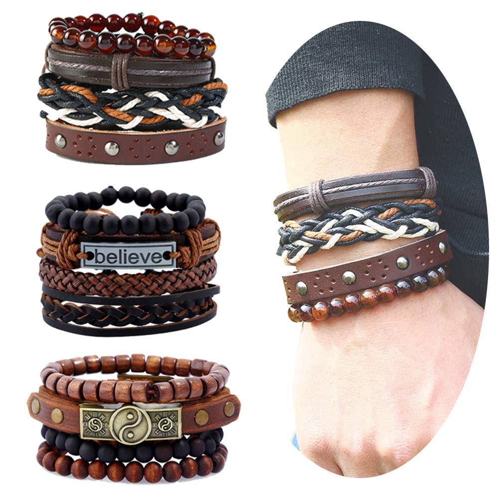 EVBEA 12PCS Mens Bracelets Braided Leather Wristband Punk Rope Cuff Vintage Wrap Set Adjustable Trendy Multilayer Bracelets for Boys — image 1
