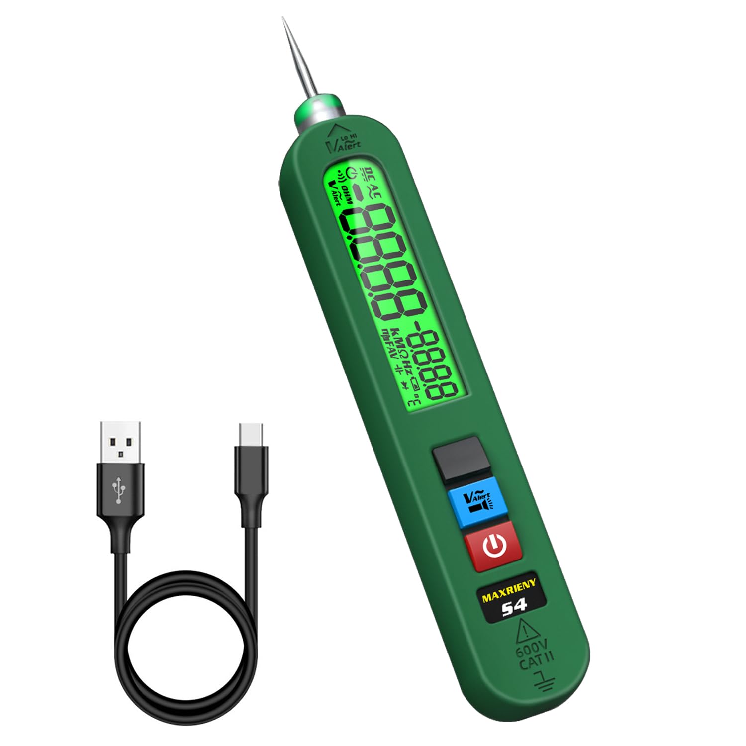MAXRIENY AC Rechargeable Voltage Tester Pen 12-300V Large Screen Single Pole Electrical Leak Tester with Buzzer and Visual Alarm Live Wire Phase Detector with Flashlight