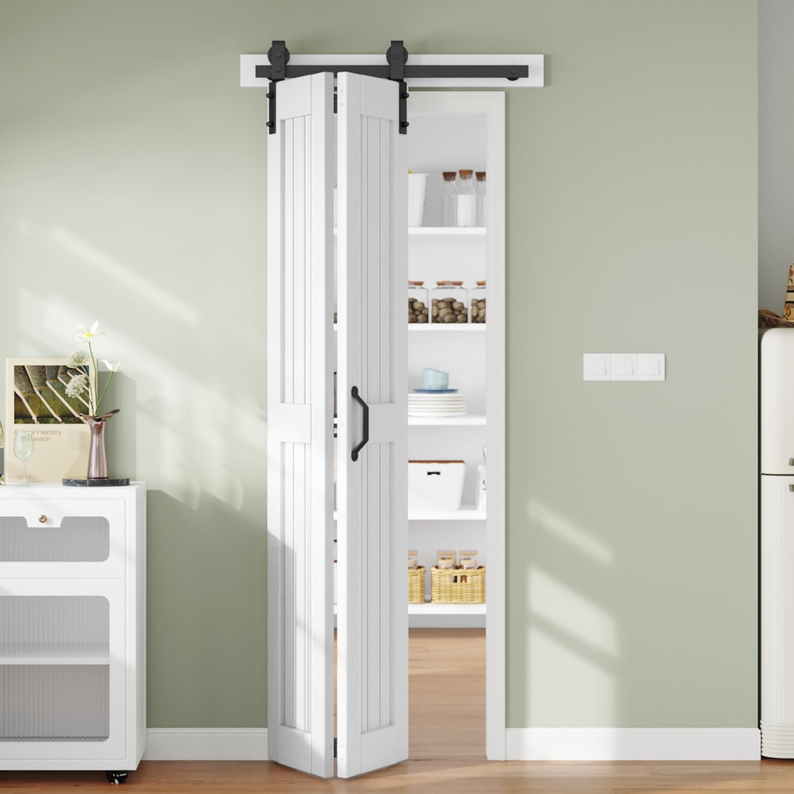 Photo 1 of Finosen Bifold Barn Door 32 x 84 in (Double 16 inch)?Bi-fold Sliding Closet Doors with Hardware Track kit Included, 3ft Rail for 2 Doors, MDF Wood Panel,PVC Surface, Save Space,DIY Assembly, White