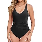 HAIVIDO Women's V Neck One Piece Swimsuit Tummy Control Bathing Suit Adjustable Straps Metal W-Hook Removable Pads Swimwear
