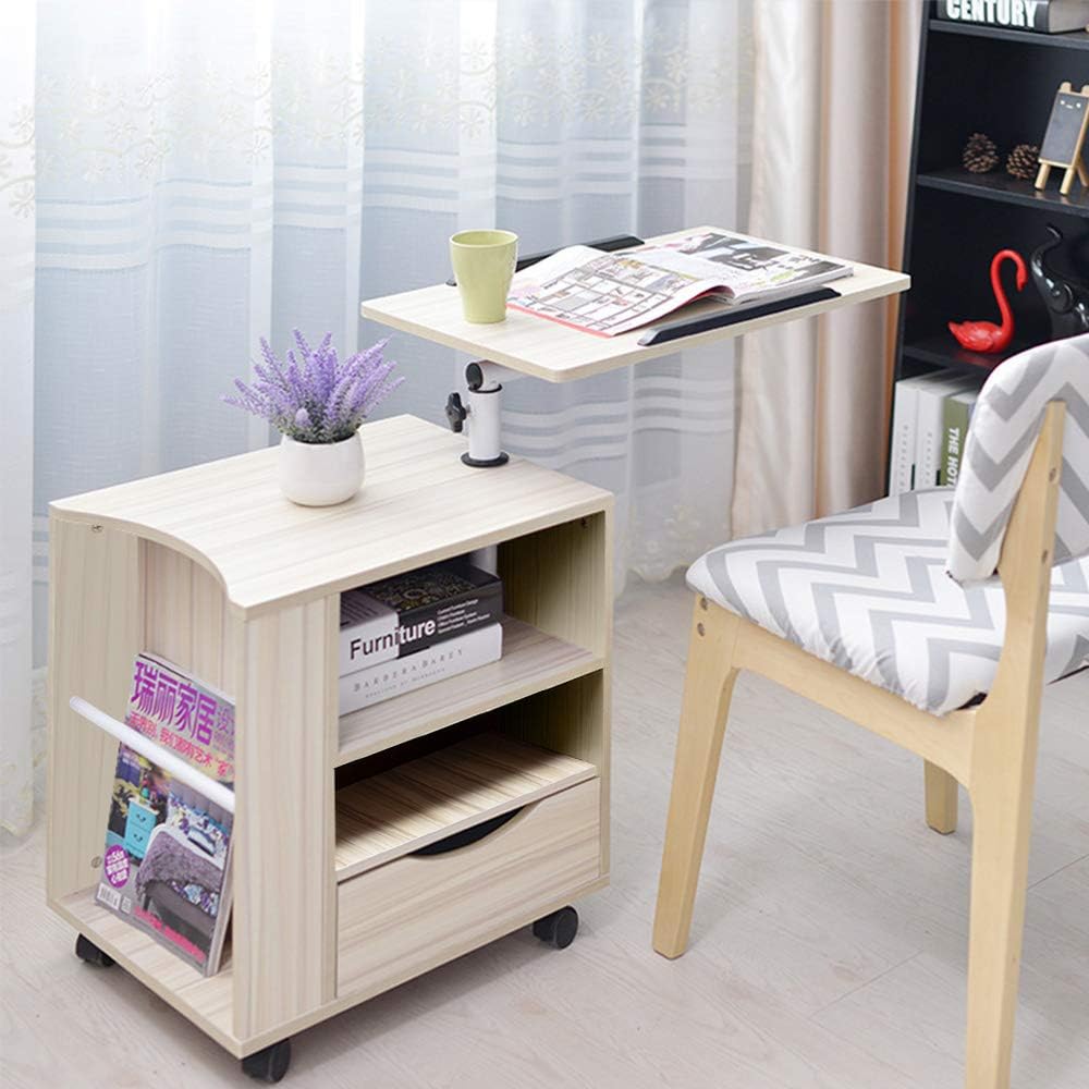 SIDUCAL Multifunctional Bedside Table Height Adjustable & Swiel Wooden Nightstand with Drawers, Rolling Laptop Desk Computer Table, Beige (Right Side): Furniture & Decor