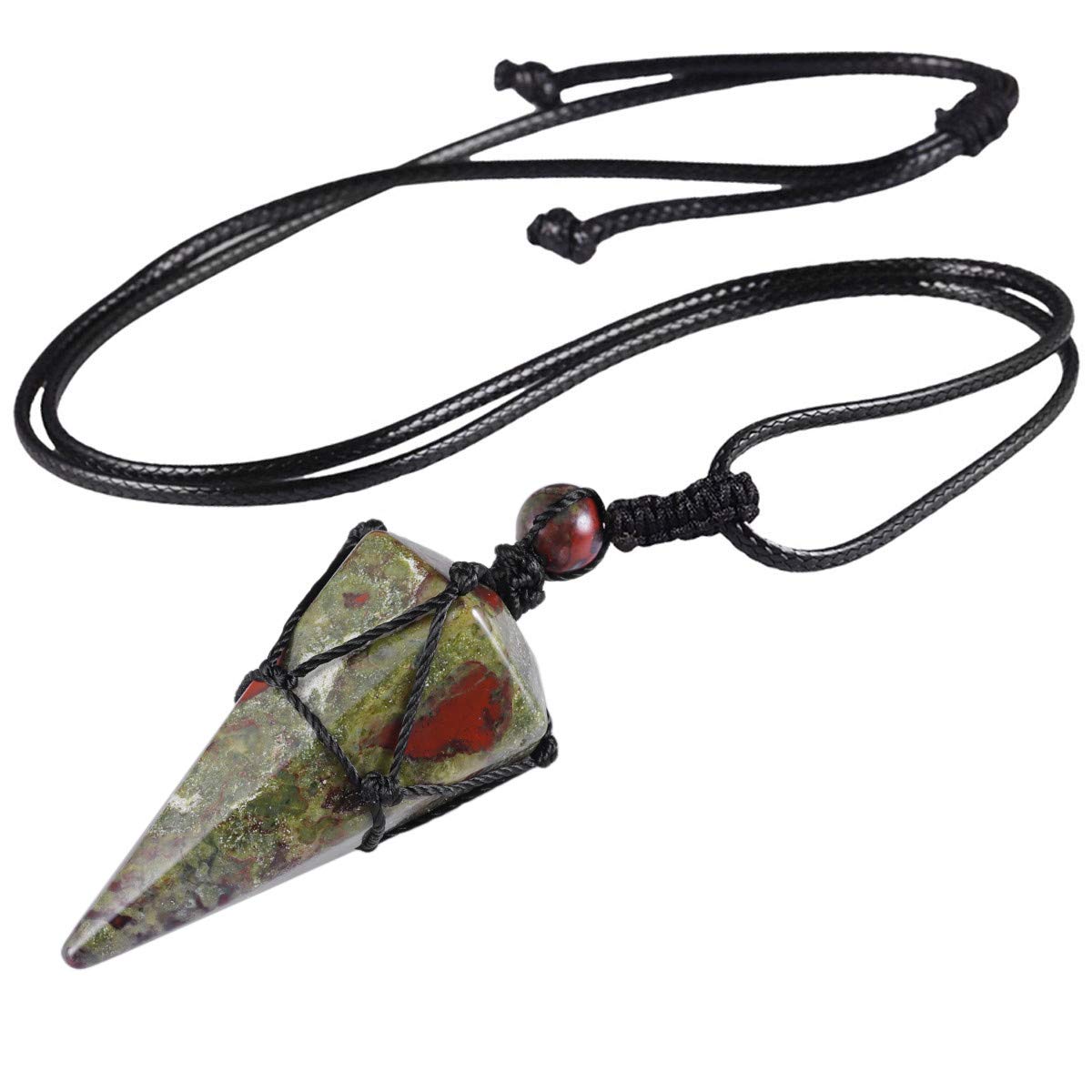mookaitedecor Natural Dragon Blood Stone Crystal Point Pendant Necklace for Men, Hexagonal Bloodstone Crystal Necklace Semi Precious Stone Necklace Healing Crystal Reiki Chakra Birthday Jewellery Gift