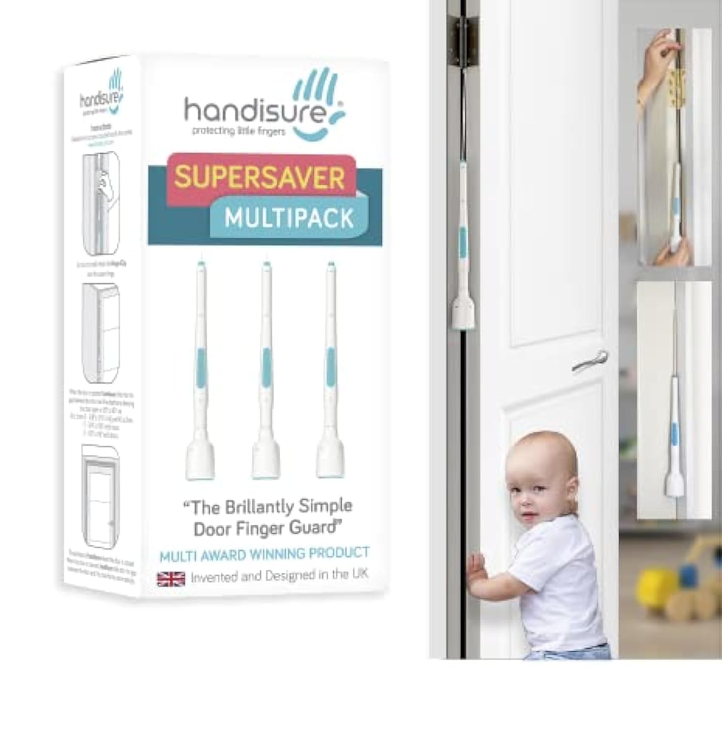 Handisure Award Winning 3 Automatic Child Door Finger Guards, Door Locks & Window Guards, Door Hinge Guard & Lock Side Safety, Baby Door Stopper, Easy to Install (White-Teal, 3 Count (Pack of 3))