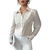 SweatyRocks Women's Pearl Elegant Tops Button Down Shirts Long Sleeve Work Office Blouse