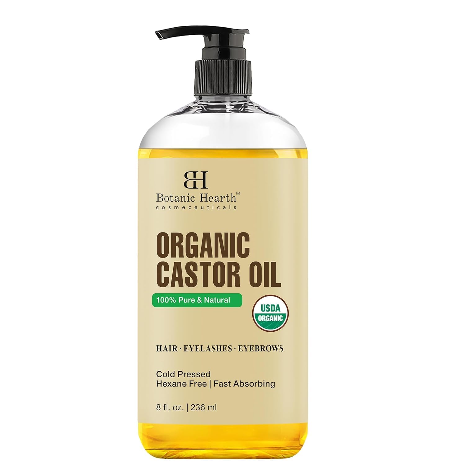 Botanic Hearth Organic Castor Oil 8 Fl Oz (236 ml) | Cold Pressed | Hexane Free, 100% Natural | Pure Castor Oil Organic for Eyelashes, Hair Growth, Eyebrows, Skin, Face | 100% Natural and Vegan