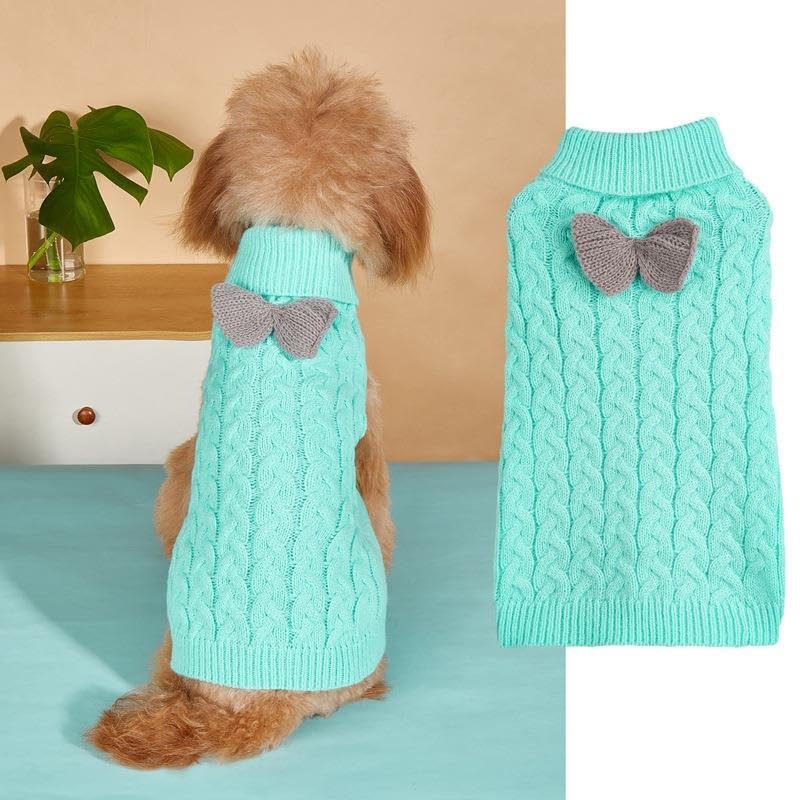 PetsLove Turtleneck Sweater Bow Knitting Jumper Warm Winter Clothes Pullover Knitwear Crochet Coat Christmas Costume for Small Medium Large Dogs Cats (blue, M)