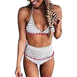 Bdcoco Women's High Waist Two Pieces Bikini Set Padded Stripe Tassel Swimsuit