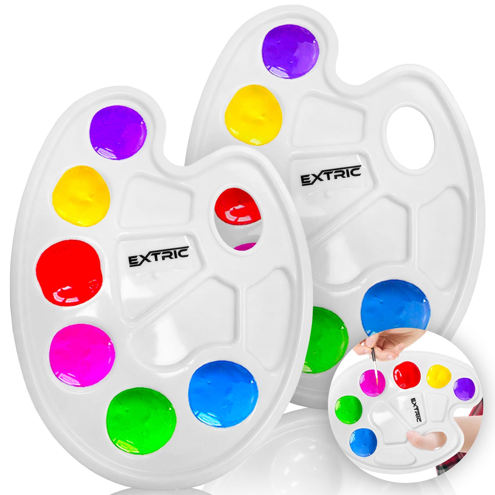 EXTRIC Paint Palette Tray - 2 Pack, Multi-compartment with Finger Loop, Plastic, 6 Wells, 6 Ounces