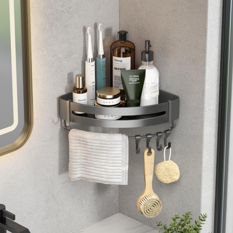CICUFY Shower Caddy Adhesive, 1 Pack No Drilling Corner Shower Shelves with Towel Bar & Removable Hooks, Gray