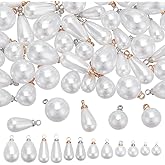 PH PandaHall 60pcs Pearl Pendant Charms 8 Sizes Faux Pearl Charms 2 Colors Imitation Pearl Charms Teardrop Pearl Beads Charms with Loop Pearl Pendant Connectors for Jewelry Making Earrings Bracelet