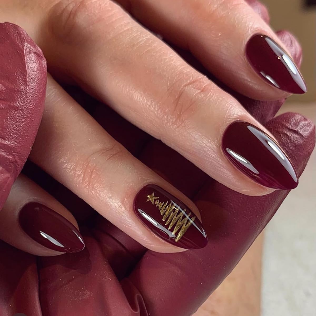 KQueenest Dark Red Christmas Press on Nails Short Almond with Glitter Christmas Tree Design, Cute Fake Nails Acrylic, Burgundy Christmas Nails Press on, Xmas Glossy Stick on Nails For Women, 24 Pcs - Image 3