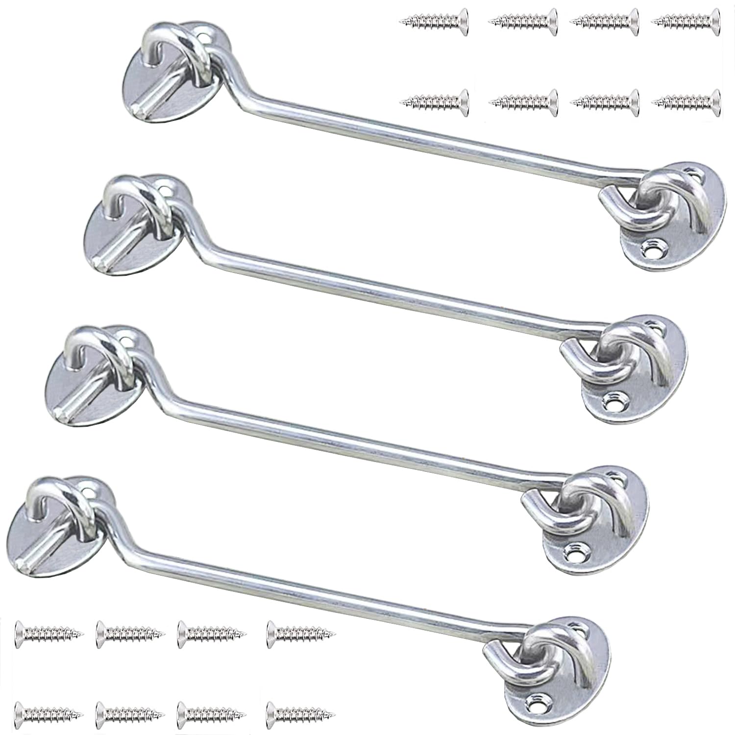 VENGABY 4Pcs Hook and Eye Latch,Cabin Hook Gate Hook Lock, Barn Door Gate Latch Latch Stainless Steel, Thicken Window Hook Lock with Mounting Screws for Shed Gate or Garage Door (Silver, 6 in)