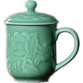 Teacups 13oz Coffee Mugs with Lid Porcelain Cups Embossed with Peony Chinese Celadon(01-Green)