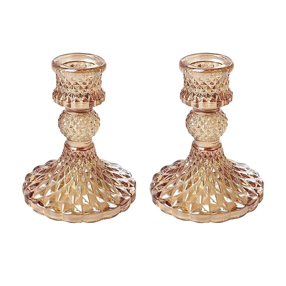 Candlestick Holders, Taper Candle Holders Glass, Candle Pillar Stands for Table Mantel Wedding Housewarming Gift Home Decoration (Gold 2pcs)