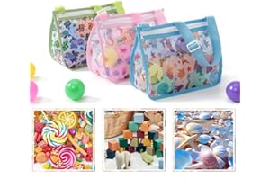 DEPOVTE 3Pack Beach Shell Bags for Kids,Beach Mesh Bag,Shell Collecting Bags,Colorful Seashell Bags with Whistles Adjustable Strap