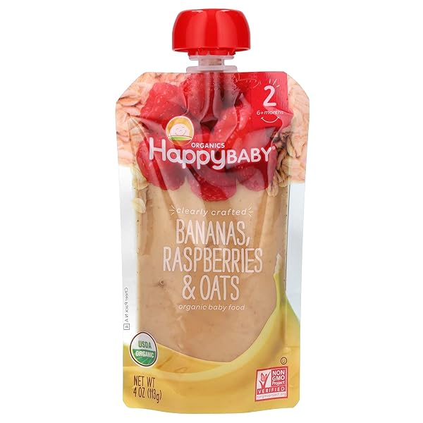 HAPPY BABY ORGANICS STAGE 2 BABY FOOD POUCHES, GLUTEN FREE, VEGAN & HEALTHY SNACK, CLEARLY CRAFTED FRUIT & VEGGIE PUREE, BANANAS, RASPBERRIES & OATS, 4 OUNCES (PACK OF 1)
