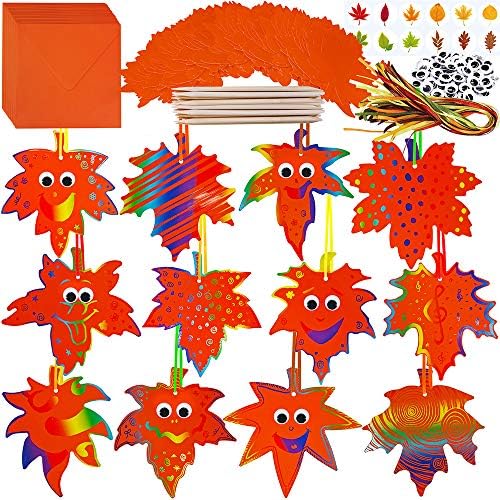 Winlyn 72 Units Magic Coloration Scratch Fall Leaf Ornaments Craft Package Scratch Artwork Paper Maple Leaf Cutouts Grasp Favor Tags Bookmarks for Youngsters Classroom Autumn Occasion Favors Halloween Thanksgiving Decor