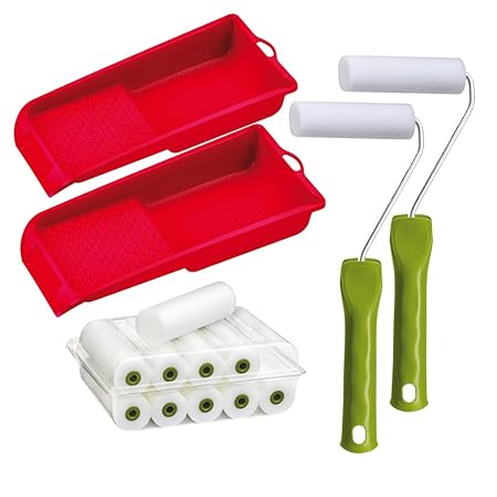 Lackier Set: 10 x Schaumwalzen 11 cm fein gerade | 2 x Farbroller Bügel | 2 x Farbwanne | Lackierwalze Lackierrolle Schaumsto