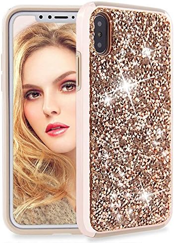 iPhone x Case, iPhone x Bling Case, Kinbing Glitter Sparkly Bling Crystal Handicraft 2 in 1 Hybrid Hard PC Back and Soft Inner TPU Anti Slip Cases Luxury Rhinestone Cover Shell for iPhone 10-Rose Gold