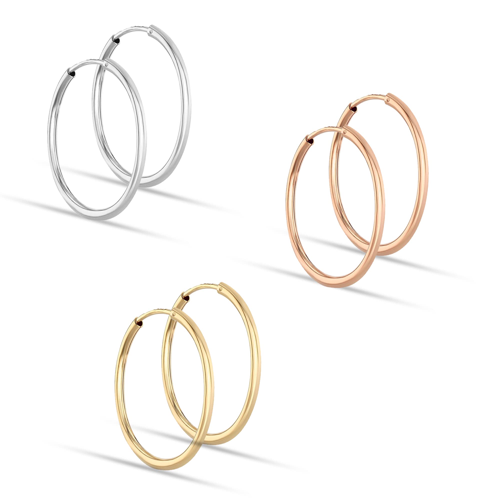 LeCalla 925 Sterling Silver Set of 3 Pairs Endless 3 Colors Sleeper Hoop Earrings for Teen Women 25MM