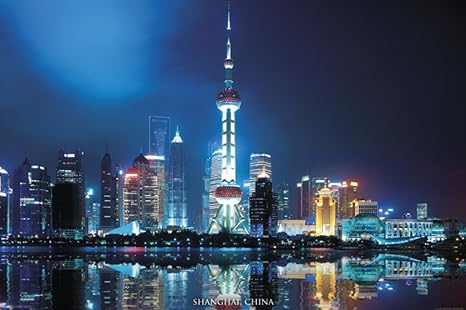 Amazon Com Pyramid America Shanghai China Skyline City View At Night Oriental Pearl Tower Color Photograph Art Cool Wall Decor Art Print Poster 36x24 Posters Prints