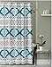 Teal Grey White Embossed Fabric Shower Curtain: Geometric Damask and Moroccan Design w/ Hooks