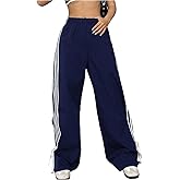 OYOANGLE Women's Striped Knot Side Baggy Pants Elastic High Waist Straight Leg Casual Trousers
