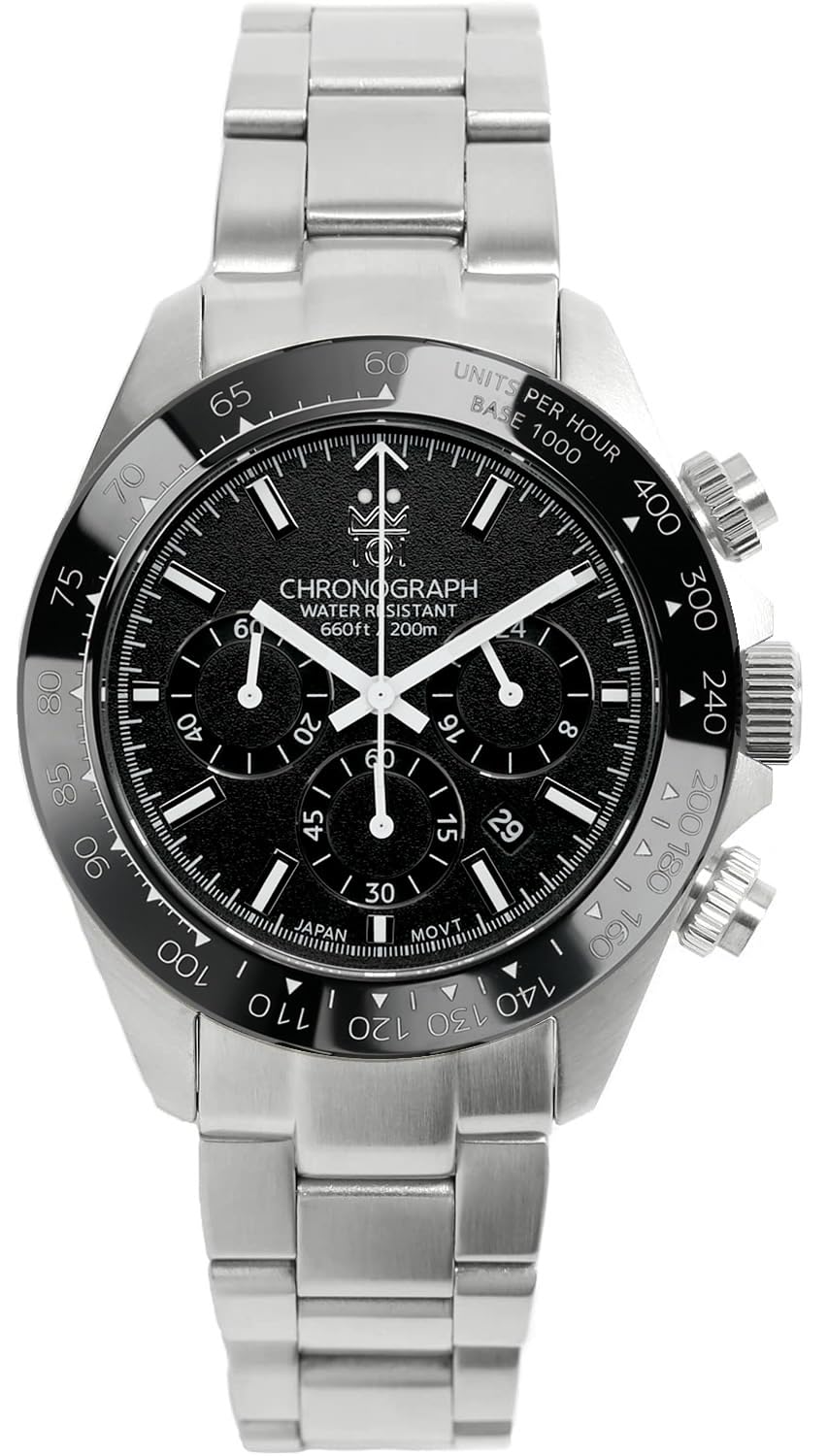 New Model [HYAKUICHI 101] Hiakuichi Divers Chronograph Watch Men's Watch 20 ATM Water Resistant Date Quartz Ceramic Bezel Black x Matte White BKWH, Silver, Bracelet Type