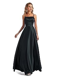 Lecureler Long Satin Spaghetti Strap Prom Dress