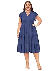 Moon Wood Womens Plus Size V Neck Ruffle Midi Dress