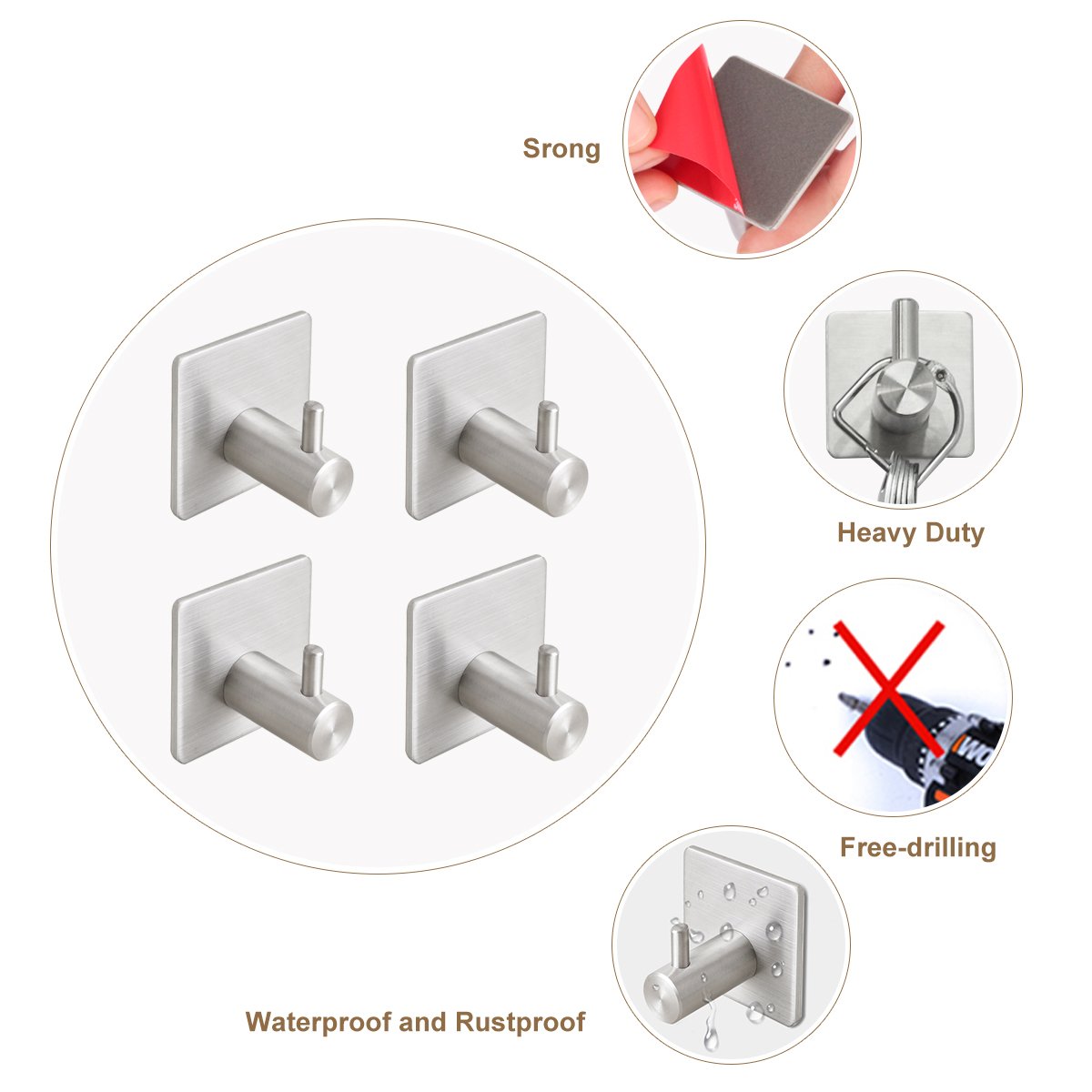 4pcs Self Adhesive Hooks Stainless Steel 3m Adhesive Hanger Heavy Duty Sticky Without Drilling For Bathroom Kitchen Towels Coats Hats And So On Home Kitchen Home Storage Hooks