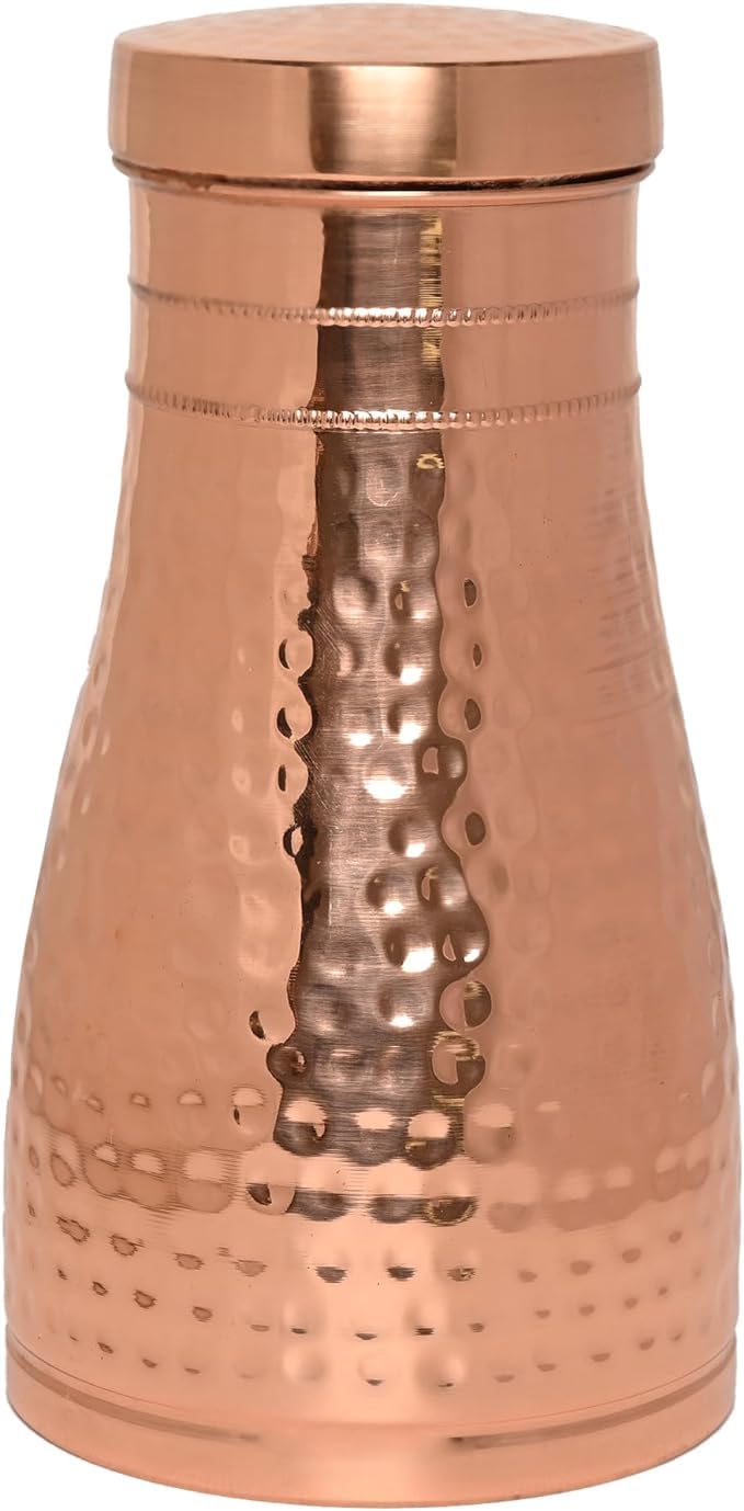 Pure Copper Bedside Carafe for Ayurveda Health Benefits - Capacity - 1 Liter (33.81 US Fluid Ounce) (Hammered)