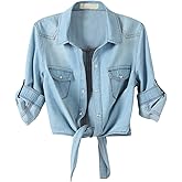 Century Star Women's 3/4 Sleeve Denim Shirt Chambray Crop Top Jean Tie Cardigan Front Knot