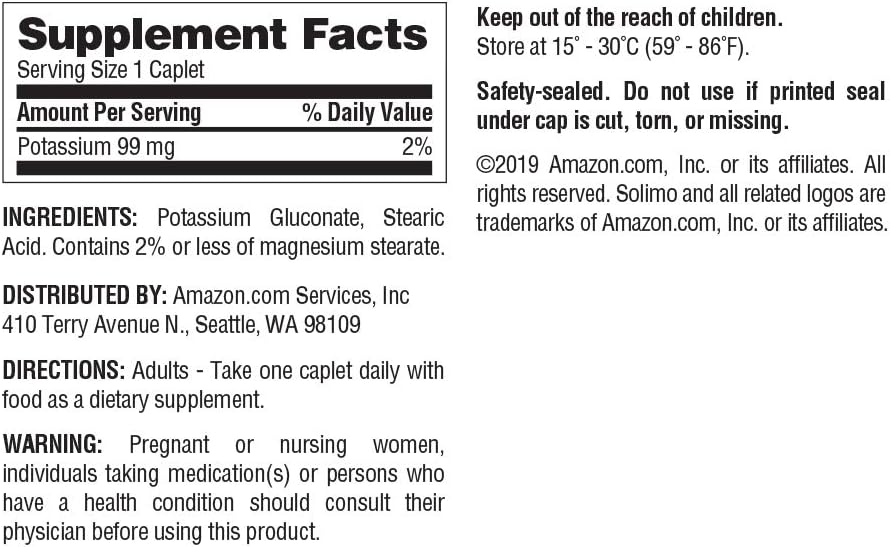  Brand - Solimo Potassium 99 mg, 120 Caplets, Four Month Supply (Packaging may vary): Health & Personal Care