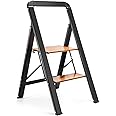 Delxo 2-Step Stool - Folding Aluminum Step Ladder with Wood Grain Finish, Anti-Slip, Portable & Collapsible, Long Handgrip, Adults