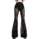 FEOYA Gothic Black Lace Flare Pants for Women Elastic Waist Victorian Bell Bottoms Mesh Punk Disco Pant