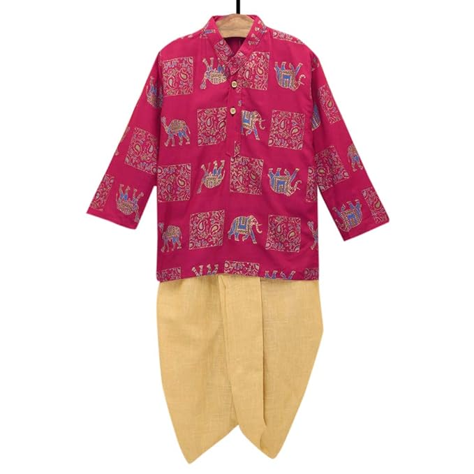 Kid1 By Hopscotch Boys Rayon Printed Fuchsia And Beige Dhoti Kurta Set In Navy Color