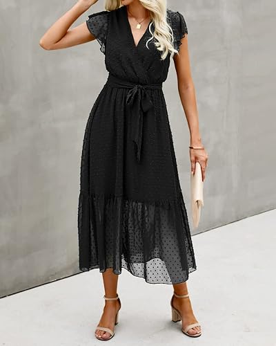 BTFBM Women's Boho Summer Dress - Wrap V Neck, Ruffle Sleeveless, Pleated Midi, White Swiss Dot, Large